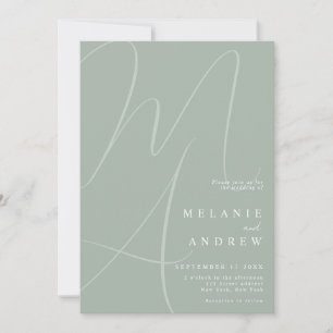 Minimalist Sage Green Script Monogram Wedding Invitation