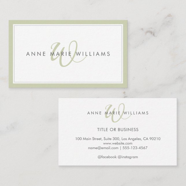 Minimalist Sage Green Script Two Border Monogram Business Card (Front/Back)