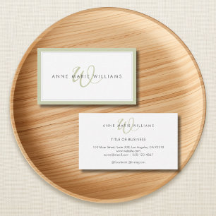 Minimalist Sage Green Script Two Border Monogram Business Card