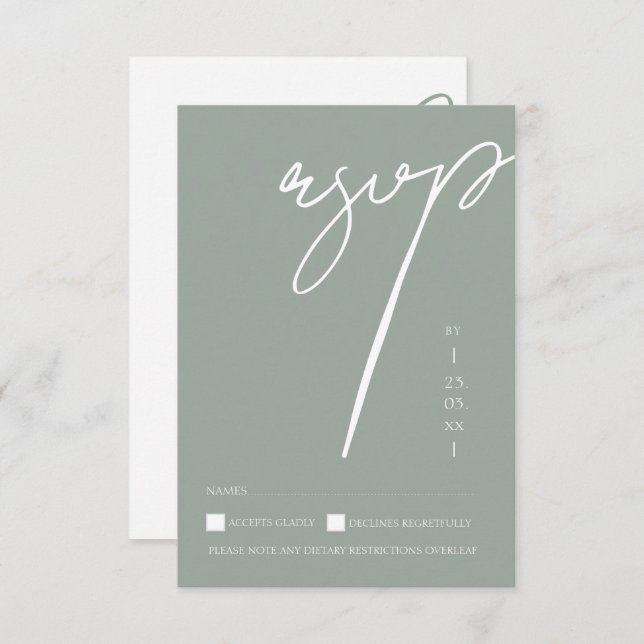 Minimalist Sage Green Script Typography Wedding RSVP Card (Front/Back)
