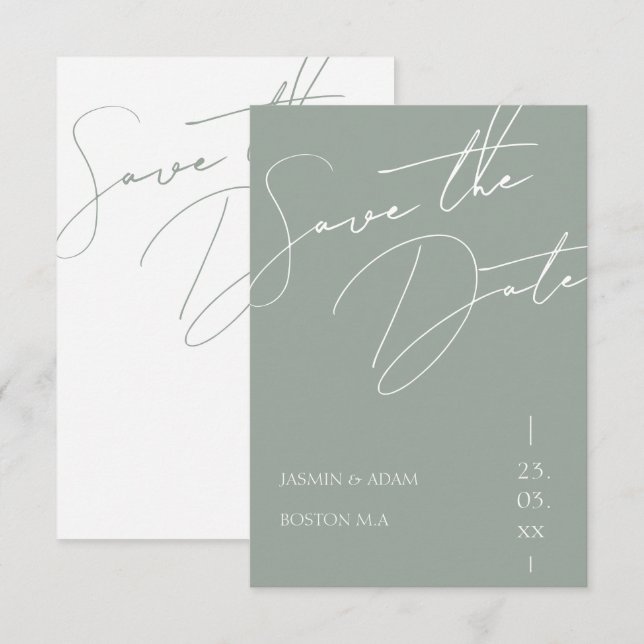 Minimalist Sage Green Script Typography Wedding Save The Date (Front/Back)