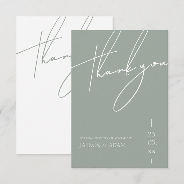 Minimalist Sage Green Script Typography Wedding Thank You Card (Front/Back)