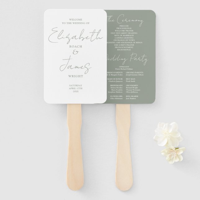 Minimalist Sage Green Script Wedding Program Hand Fan (Front and Back)