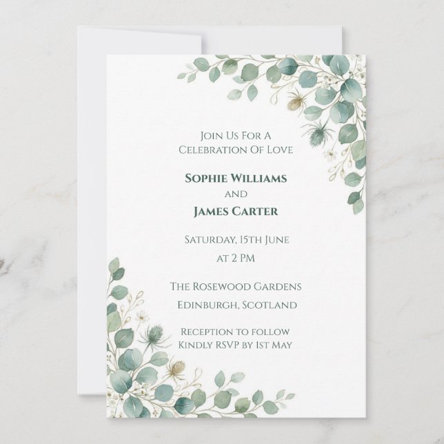 Minimalist Sage Green Thistle Botanical Wedding In Invitation (Front)