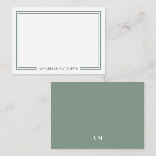Minimalist Sage Green Two Border Monogram Card (Front/Back)