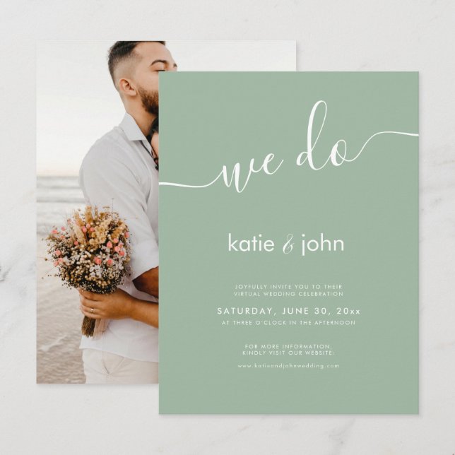 Minimalist Sage Green We do Virtual Photo Wedding Invitation Postcard (Front/Back)