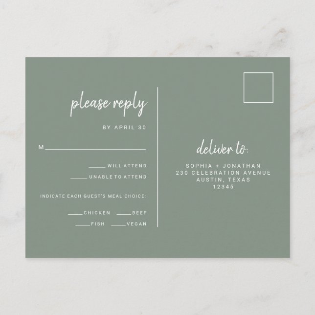Minimalist Sage Green Wedding | Meal Choice RSVP Postcard (Back)