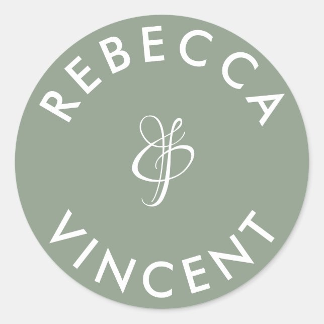 Minimalist Sage Green Wedding Personalized Names Classic Round Sticker (Front)