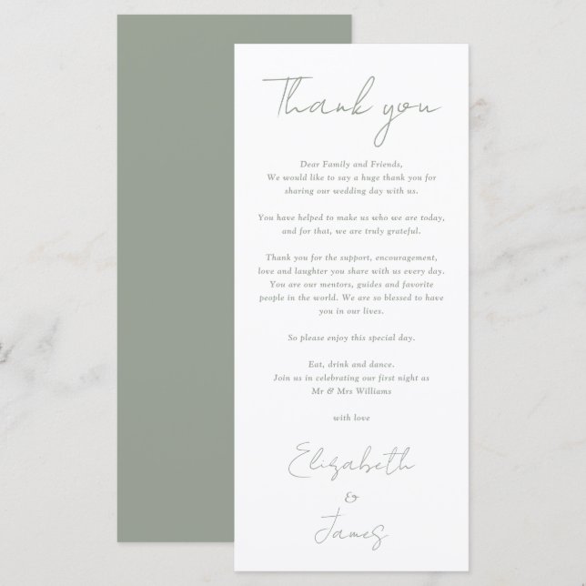 Minimalist Sage Green Wedding Thank You Place Card (Front/Back)