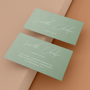 Minimalist Sage Green & White Handwritten Script Business Card