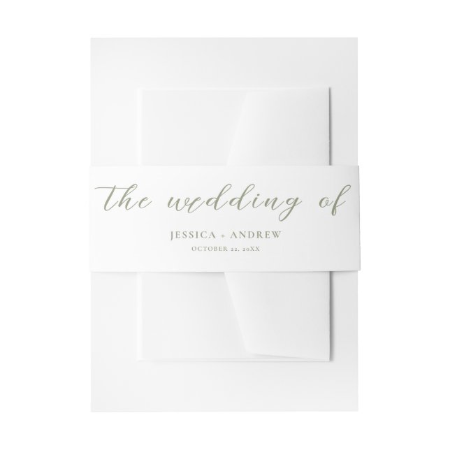 Minimalist Sage Green & White Simple Wedding  Invitation Belly Band (Front Example)
