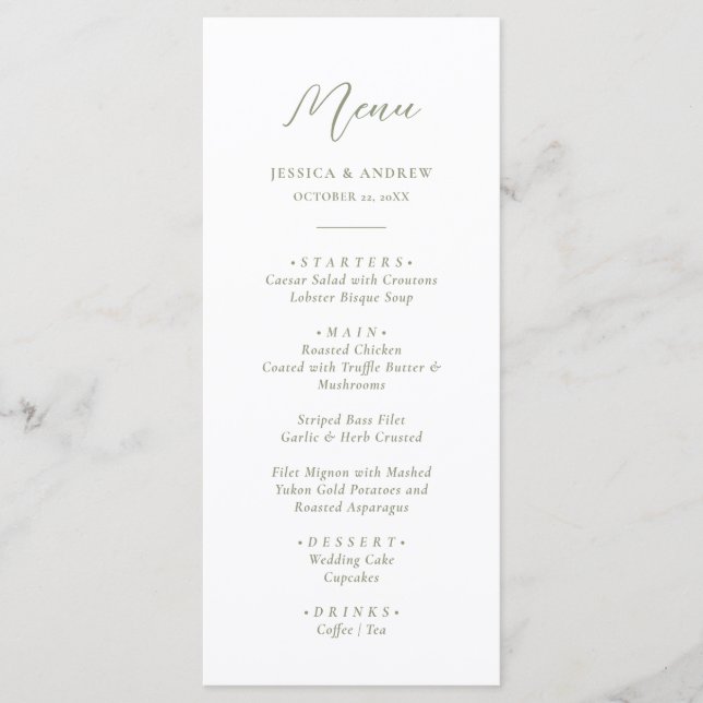 Minimalist Sage Green & White Simple Wedding Menu (Front)