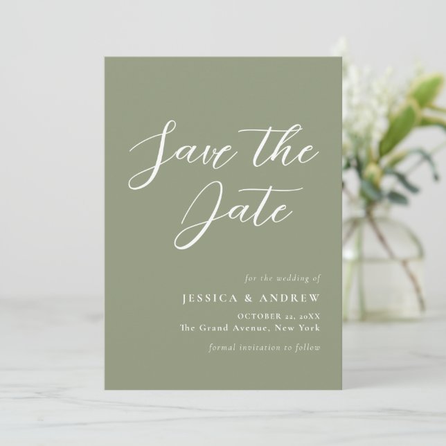 Minimalist Sage Green & White Simple Wedding Save The Date (Standing Front)