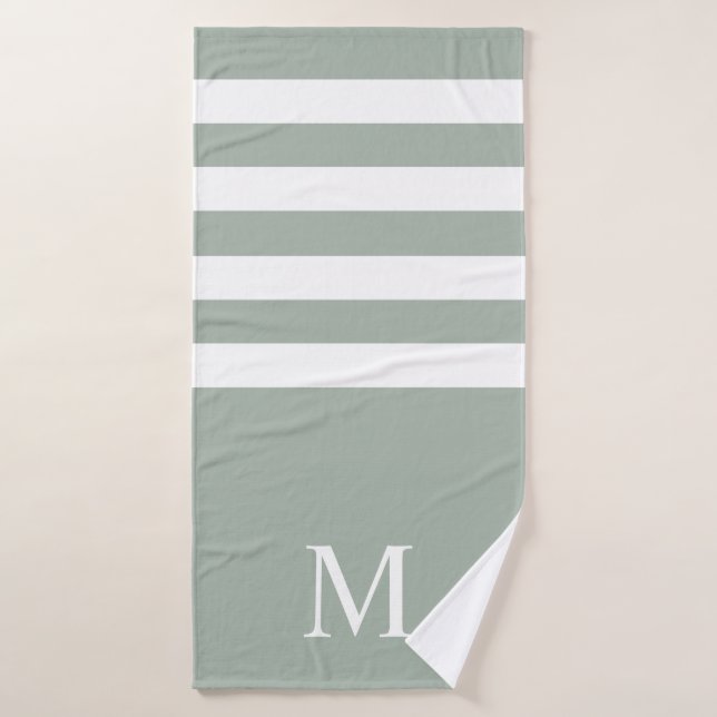 Minimalist Sage Green White Stripes Monogram Bath Towel Set (Bath Towel)
