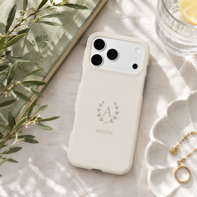 Minimalist Sage Initial Name Laurel Monogram (Elegant personalized ivory phone case with a minimalist sage laurel wreath monogram)