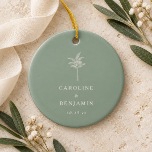 Minimalist Sage Palm Tree Line Art Custom Wedding Ceramic Ornament