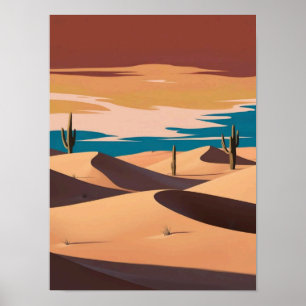 Minimalist Sand Dunes with Cacti in Warm Tones Poster