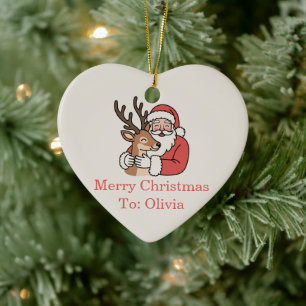 Minimalist Santa & Deer Line Art Christmas  Ceramic Ornament