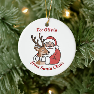 Minimalist Santa & Deer Line Art Christmas  Ceramic Ornament