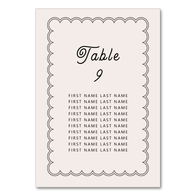 Minimalist scalloped Border Table Number w/names (Front)