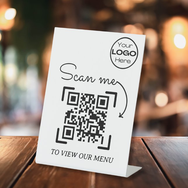 Minimalist Scan Me Menu Business Logo QR Code  Pedestal Sign (Creator Uploaded)