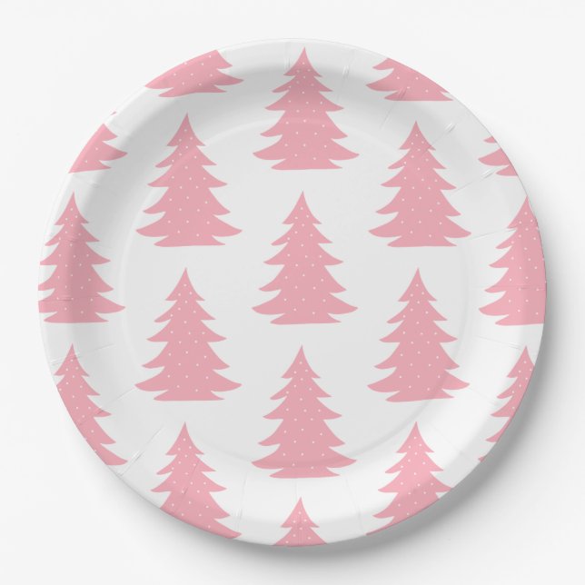 Minimalist Scandinavian Folk Pink Christmas Tree   Paper Plate (Front)