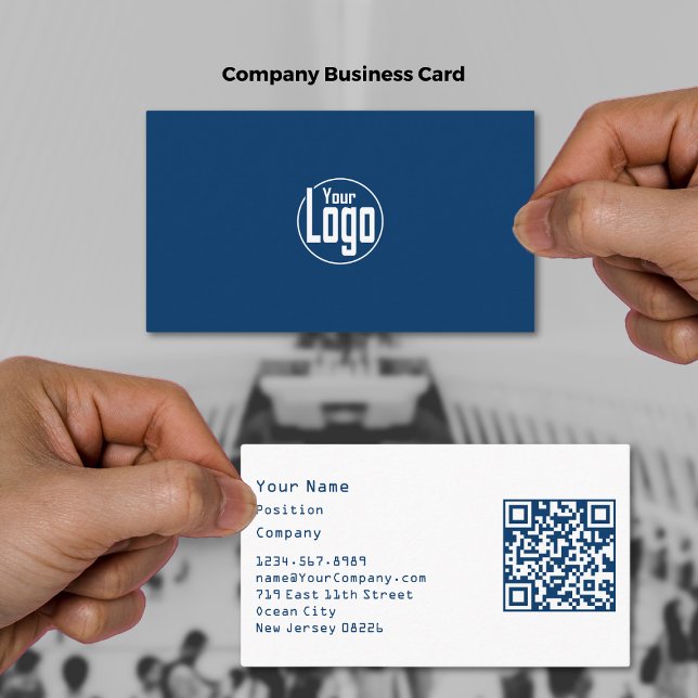 Minimalist Scannable Blue & White Company Business Card (Minimalist Scannable Blue & White Company Business Card with Logo & QR code)