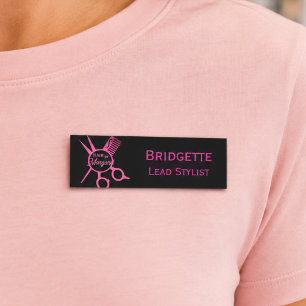 Minimalist Scissors Pink Black Luxury Hair Salon Name Tag