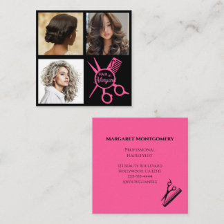 Minimalist Scissors Pink Black Photo Hair Salon Square Business Card