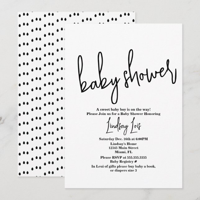 Minimalist Script Baby Shower Sprinkle Black White Invitation (Front/Back)