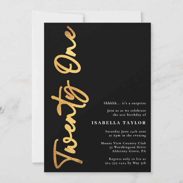 Minimalist Script Black and Gold 21st Birthday Invitation (Front)