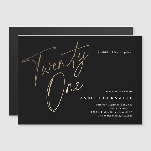 Minimalist Script Black and Gold 21st Birthday Magnetic Invitation (Front/Back)