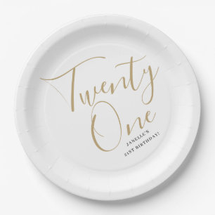 Minimalist Script Black and Gold 21st Birthday Paper Plate