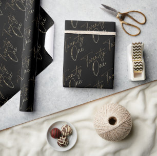 Minimalist Script Black and Gold 21st Birthday Wrapping Paper