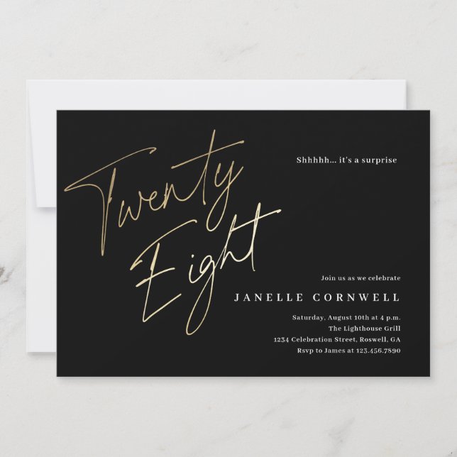 Minimalist Script Black and Gold 28th Birthday Invitation (Front)