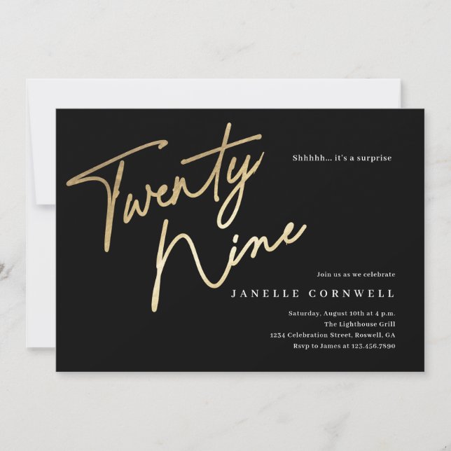 Minimalist Script Black and Gold 29th Birthday Invitation (Front)