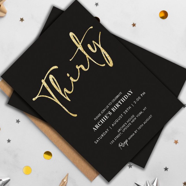 Minimalist Script Black and Gold 30th Birthday Invitation (30th birthday invitation handwritten script modern black gold glitter)