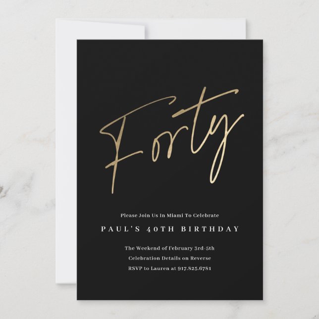 Minimalist Script Black and Gold 40th Birthday Invitation (Front)
