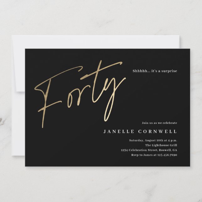 Minimalist Script Black and Gold 40th Birthday Invitation (Front)