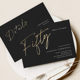 Minimalist Script Black and Gold 50th Birthday Invitation