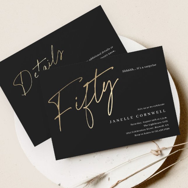 Minimalist Script Black and Gold 50th Birthday Invitation (Elegant black and gold modern script 50th birthday party invitations.)