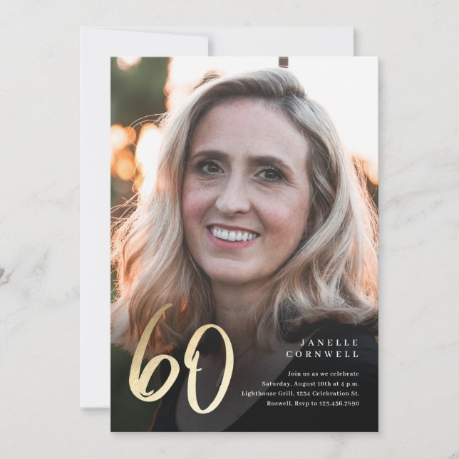 Minimalist Script Black and Gold 60th Birthday Invitation (Front)