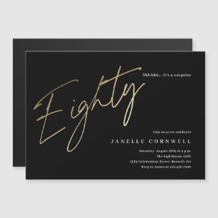 Minimalist Script Black and Gold 80th Birthday Magnetic Invitation