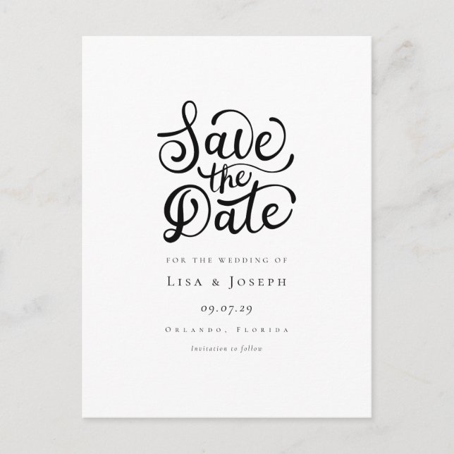 Minimalist Script Black and White Save the Date Announcement Postcard (Front)