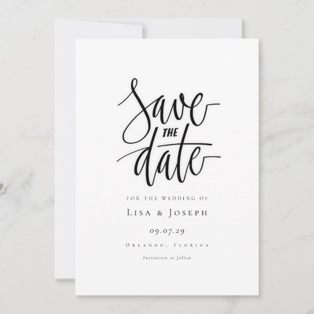 Minimalist Script Black and White Save the Date Invitation (Front)