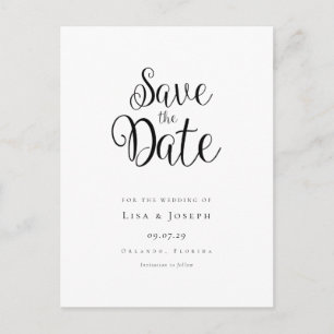Minimalist Script Black and White Save the Date Postcard