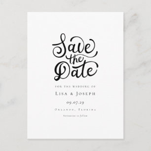 Minimalist Script Black and White Save the Date Postcard