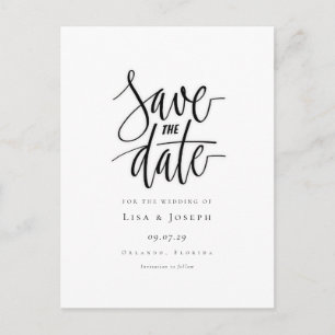 Minimalist Script Black and White Save the Date Postcard