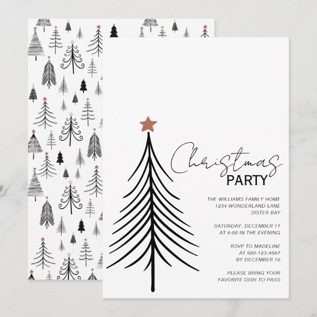 Minimalist Script Black White Christmas Party Invitation (Front/Back)