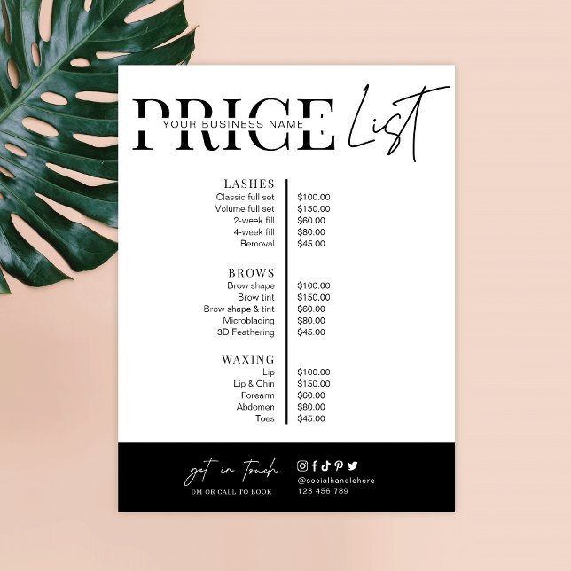Minimalist Script Black White Salon Price List (Minimalist business price list)